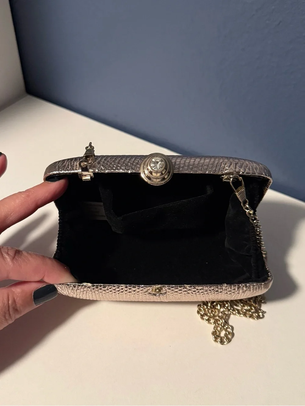 Metallic Rose Gold Hard Case Evening Clutch Bag Minaudiere Gold Chain Strap